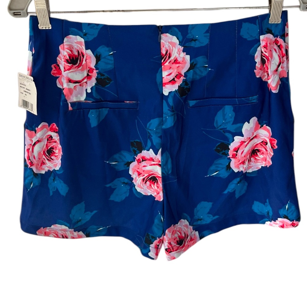 Blue Floral High Waisted Women's Shorts - Picture 5 of 8